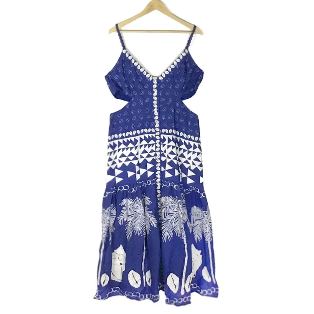 Farm Rio Mixed Ondina Blue Midi Cut out Ruched Sided Buttoned Down Maxi Dress - Picture 4 of 16